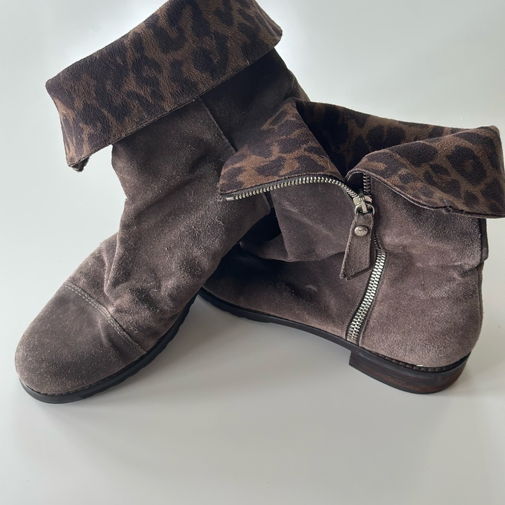 Stuart Weitzman Brown Suede Ankle Boots with Leopard Cuff